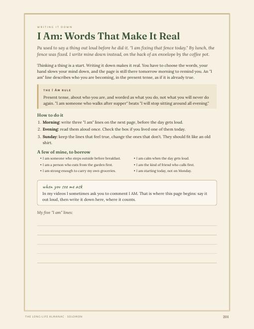 The I Am page: write three I am lines each morning