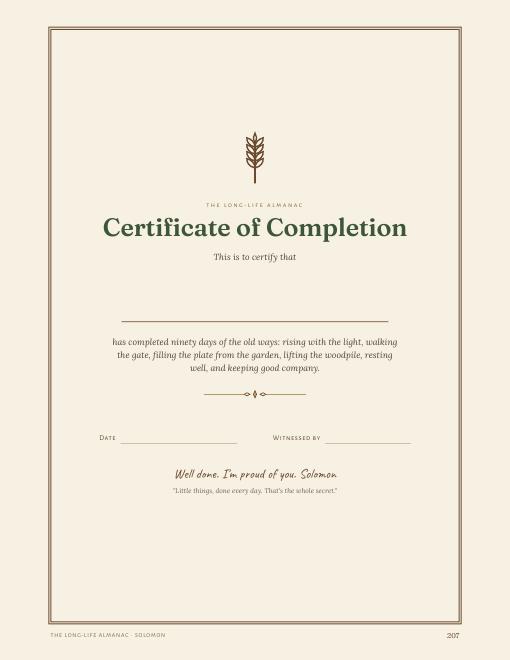 The certificate of completion, signed on day ninety